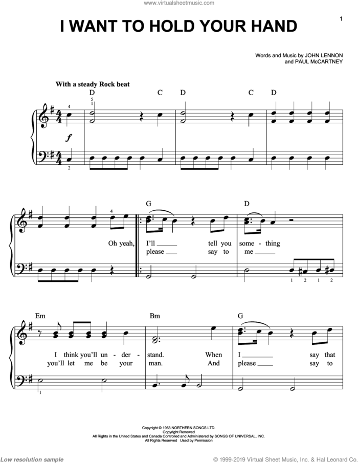 I Want To Hold Your Hand, (easy) sheet music for piano solo by The Beatles, Across The Universe (Movie), John Lennon and Paul McCartney, easy skill level