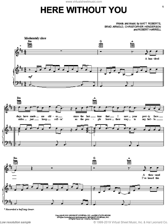 Here Without You sheet music for voice, piano or guitar by 3 Doors Down, Brad Arnold, Matt Roberts and Todd Harrell, intermediate skill level
