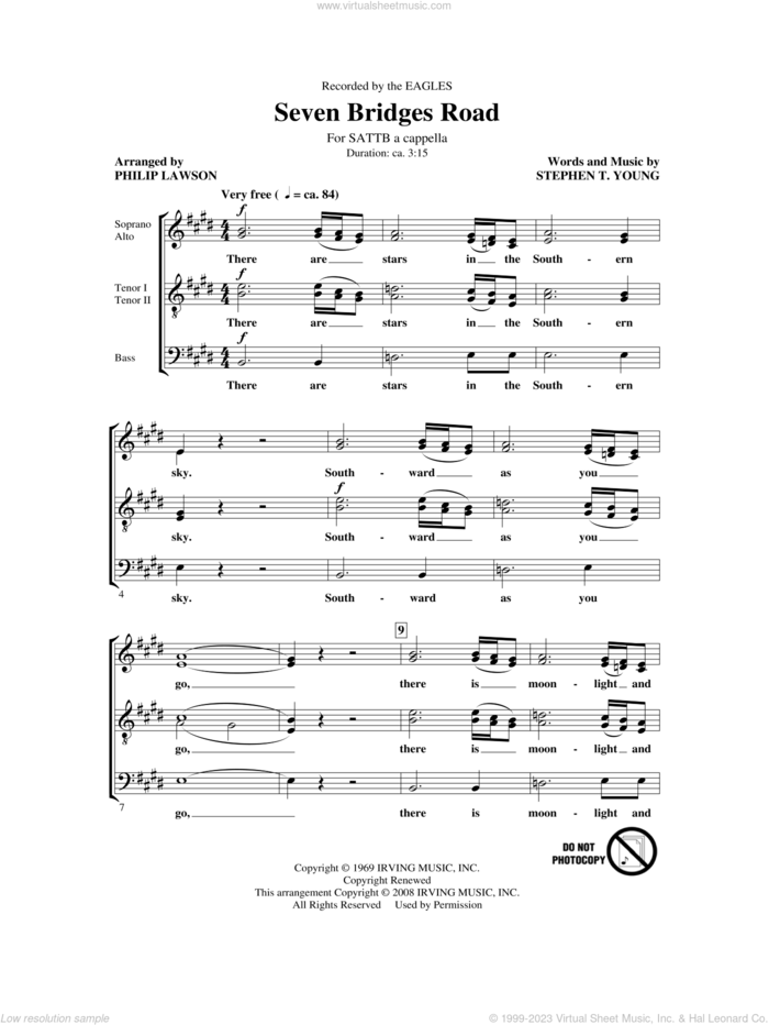 Seven Bridges Road (arr. Philip Lawson) sheet music for choir (SATB: soprano, alto, tenor, bass) by Stephen T. Young, Philip Lawson and The Eagles, intermediate skill level
