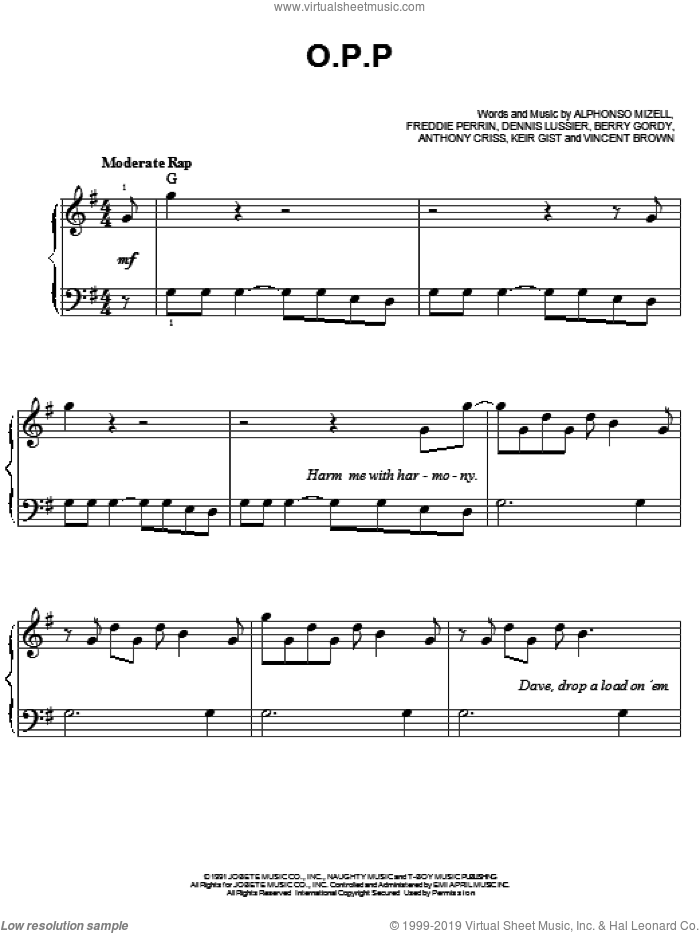 O.P.P. sheet music for piano solo by Naughty By Nature, Alphonso Mizell, Berry Gordy, Dennis Lussier and Frederick Perren, easy skill level