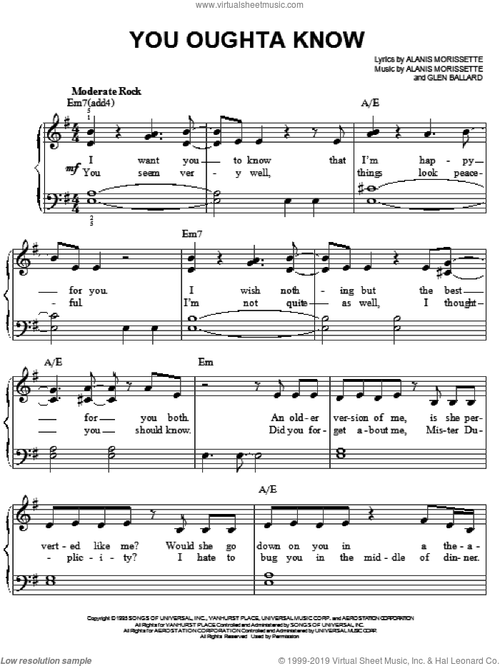 You Oughta Know sheet music for piano solo by Alanis Morissette and Glen Ballard, easy skill level