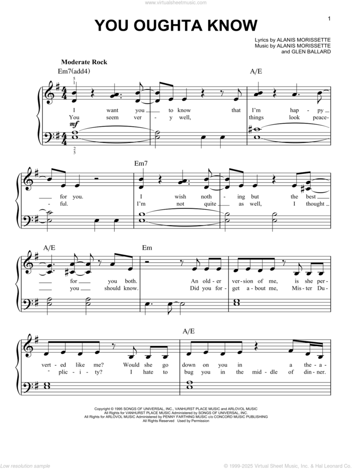 You Oughta Know sheet music for piano solo by Alanis Morissette and Glen Ballard, easy skill level