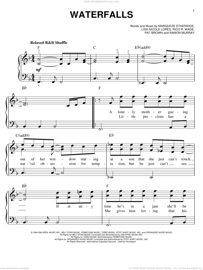 Waterfalls sheet music for piano solo by Marqueze Etheridge, Lisa Nicole Lopes, Pat Brown, Ramon Murray and Rico Wade, easy skill level