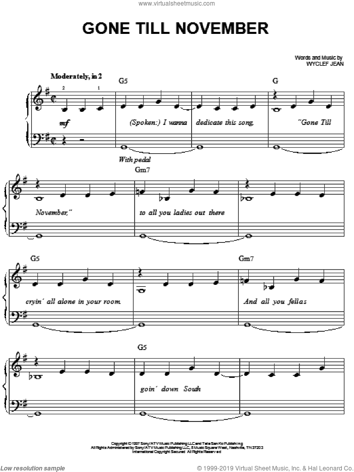 Gone Till November sheet music for piano solo by Wyclef Jean, easy skill level