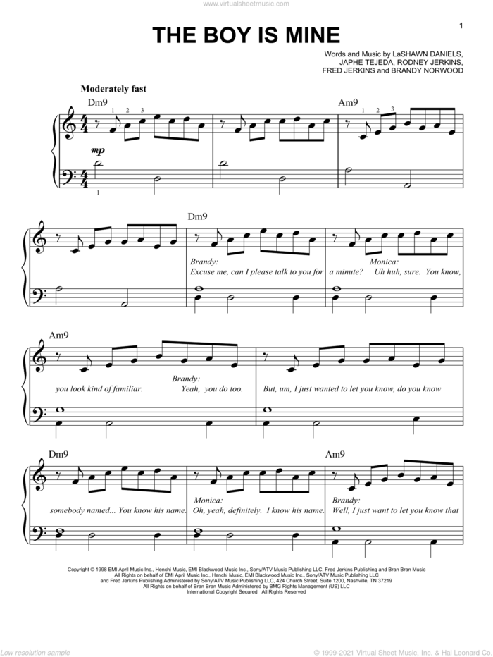 The Boy Is Mine sheet music for piano solo by Brandy & Monica, Brandy, Monica, Brandy Norwood, Fred Jerkins, Japhe Tejeda, LaShawn Daniels and Rodney Jerkins, easy skill level