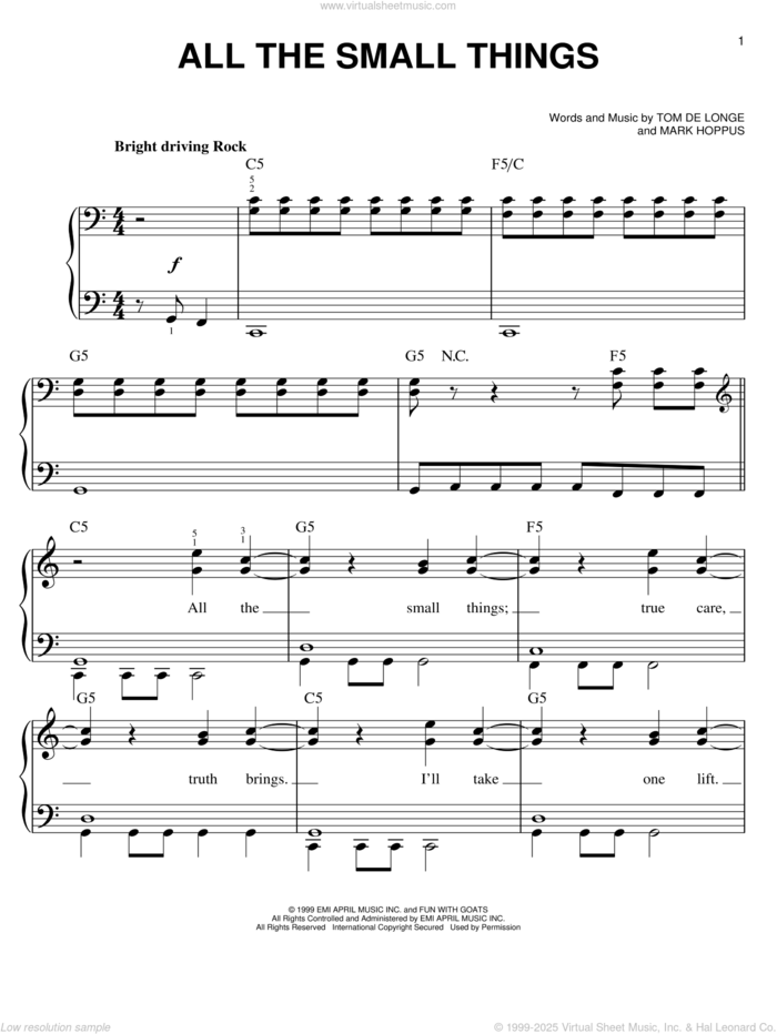 All The Small Things sheet music for piano solo by Blink-182, Mark Hoppus and Tom DeLonge, easy skill level