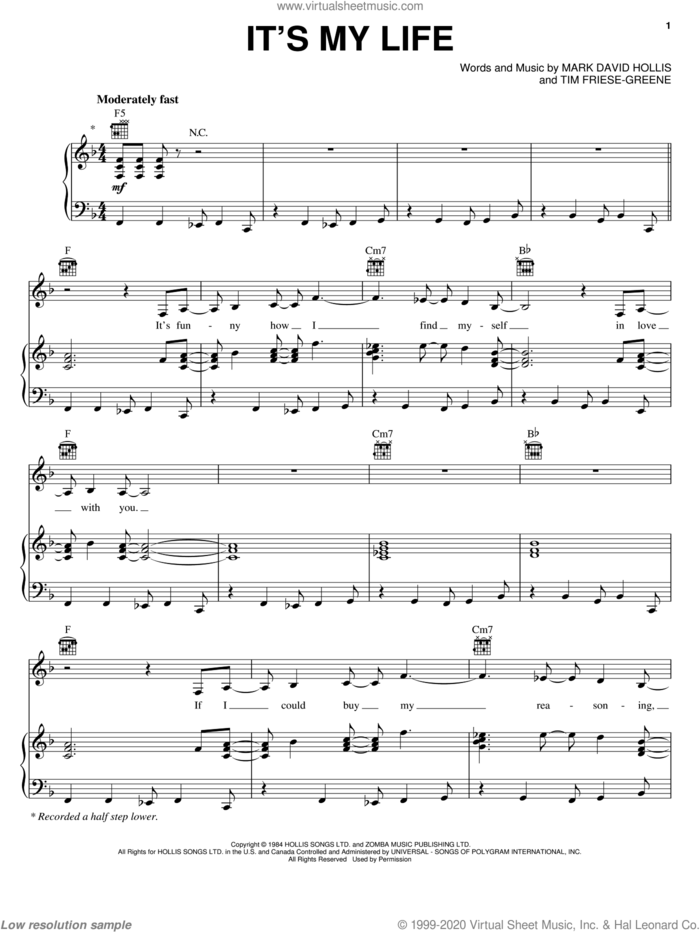 It's My Life sheet music for voice, piano or guitar by Talk Talk, No Doubt, Mark Hollis and Tim Friese-Greene, intermediate skill level