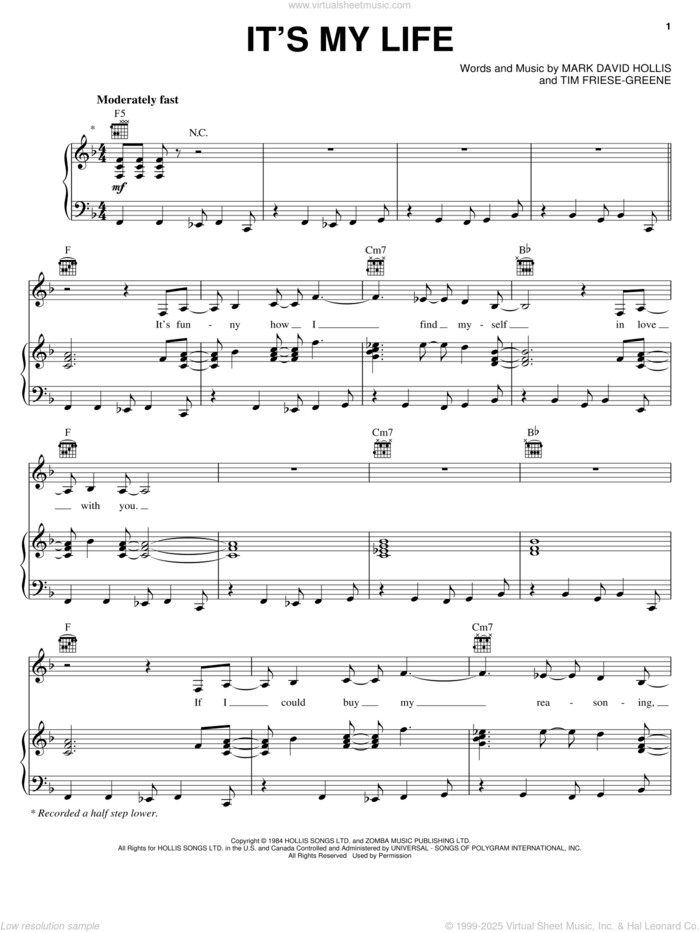 It's My Life sheet music for voice, piano or guitar by Talk Talk, No Doubt, Mark Hollis and Tim Friese-Greene, intermediate skill level