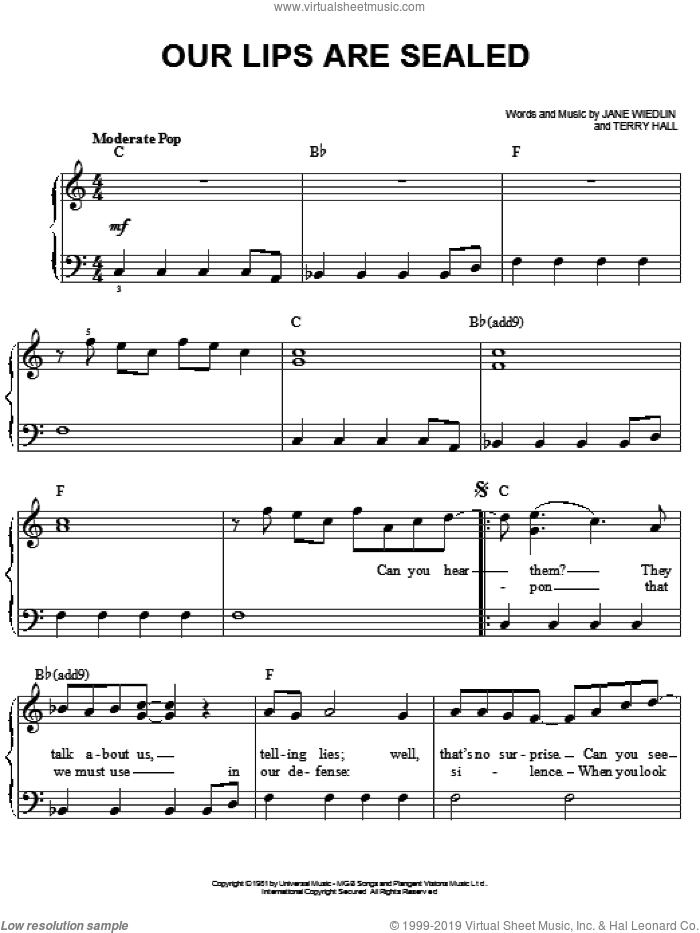 Our Lips Are Sealed sheet music for piano solo by The Go-Go's, Jane Wiedlin and Terry Hall, easy skill level