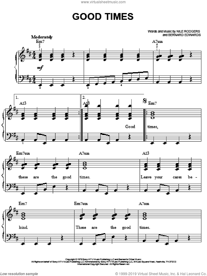 Good Times sheet music for piano solo by Chic, Bernard Edwards and Nile Rodgers, easy skill level