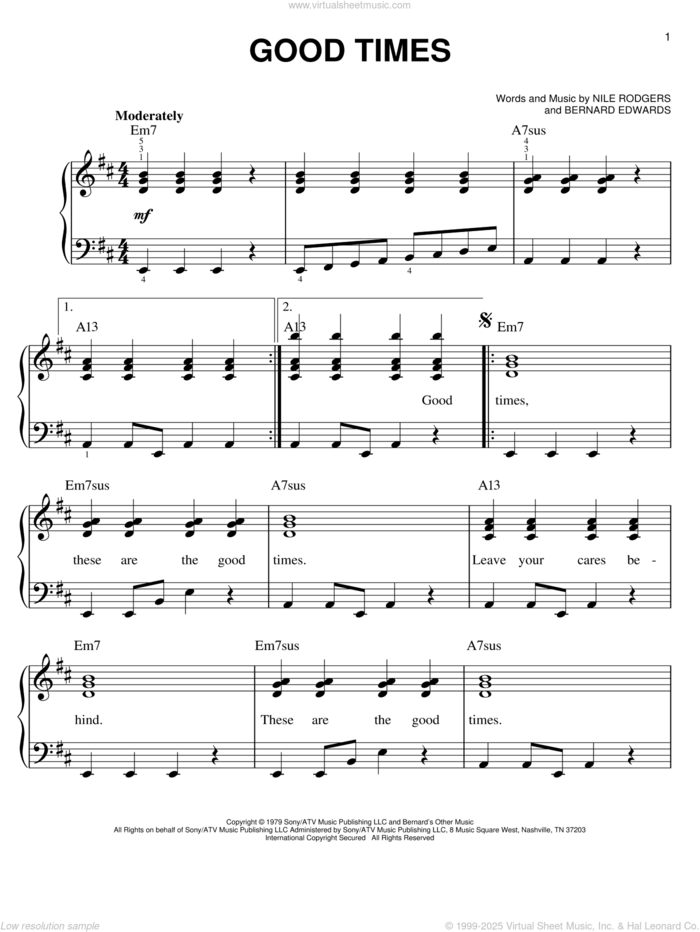 Good Times sheet music for piano solo by Chic, Bernard Edwards and Nile Rodgers, easy skill level