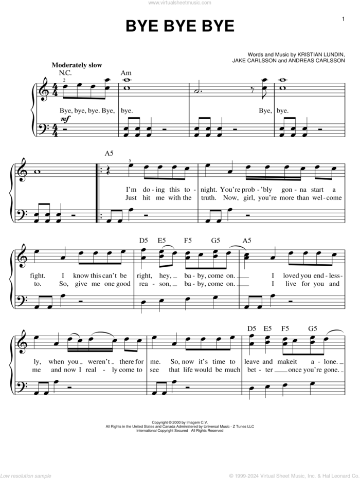 Bye Bye Bye sheet music for piano solo by 'N Sync, Andreas Carlsson, Jake Carlsson and Kristian Lundin, easy skill level