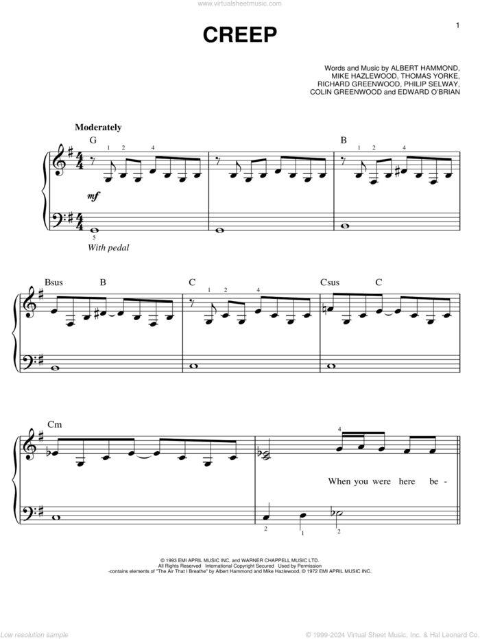 Creep, (easy) sheet music for piano solo by Radiohead, Albert Hammond, Colin Greenwood, Jonathan Greenwood, Michael Hazlewood, Philip Selway and Thom Yorke, easy skill level