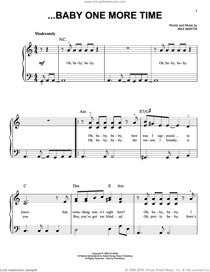 ...Baby One More Time sheet music for piano solo by Britney Spears and Max Martin, easy skill level