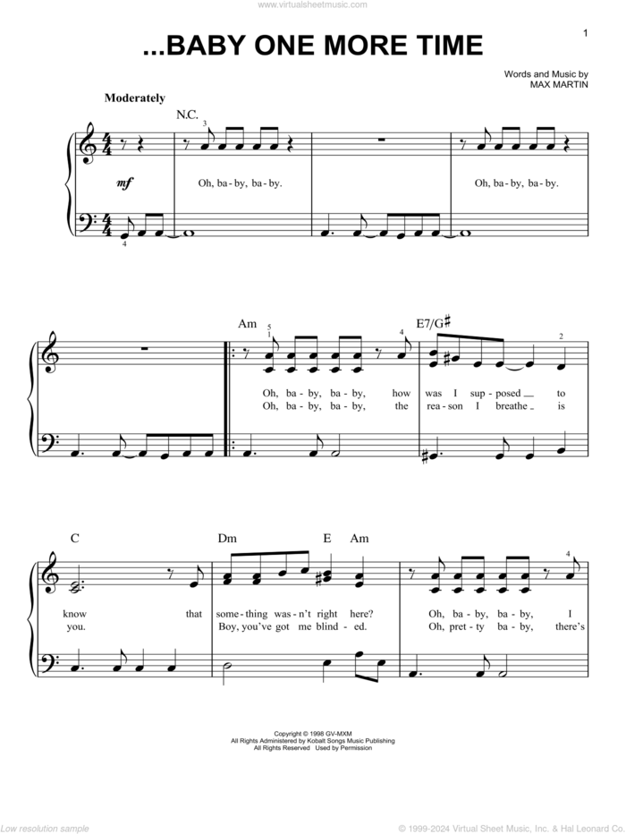 ...Baby One More Time sheet music for piano solo by Britney Spears and Max Martin, easy skill level