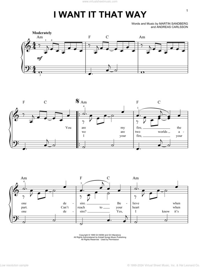 I Want It That Way sheet music for piano solo by Backstreet Boys, Andreas Carlsson and Martin Sandberg, easy skill level