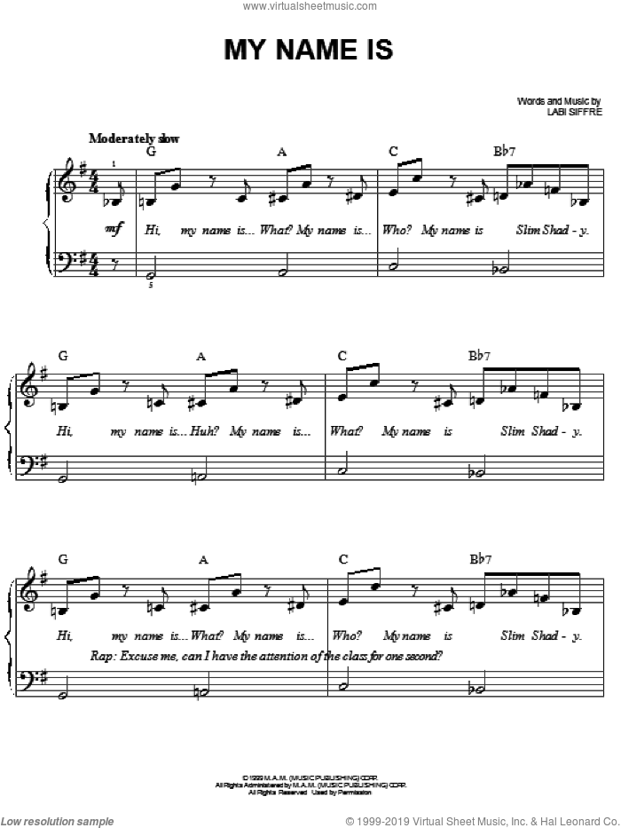 My Name Is sheet music for piano solo by Eminem and Labi Siffre, easy skill level