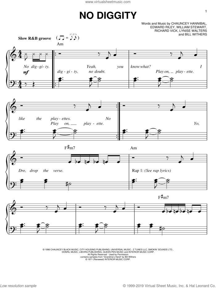 No Diggity sheet music for piano solo by Blackstreet, Bill Withers, Chauncey Hannibal, Edward Riley, Lynise Walters, Richard Vick and William Stewart, easy skill level