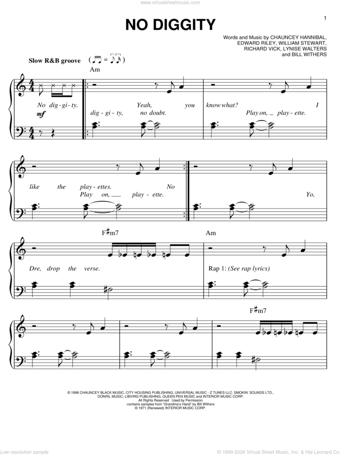 No Diggity sheet music for piano solo by Blackstreet, Bill Withers, Chauncey Hannibal, Edward Riley, Lynise Walters, Richard Vick and William Stewart, easy skill level