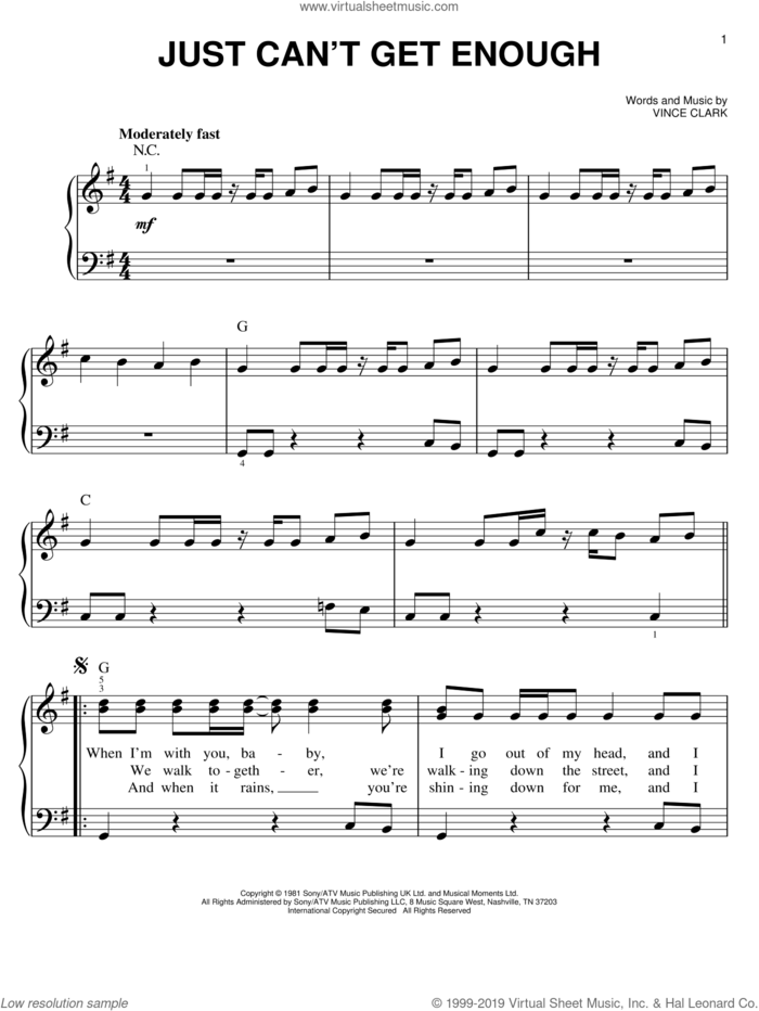 Just Can't Get Enough sheet music for piano solo by Depeche Mode and Vince Clark, easy skill level