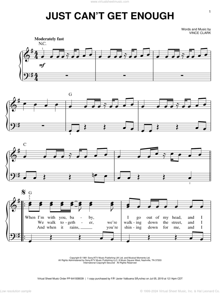 Just Can't Get Enough sheet music for piano solo by Depeche Mode and Vince Clark, easy skill level