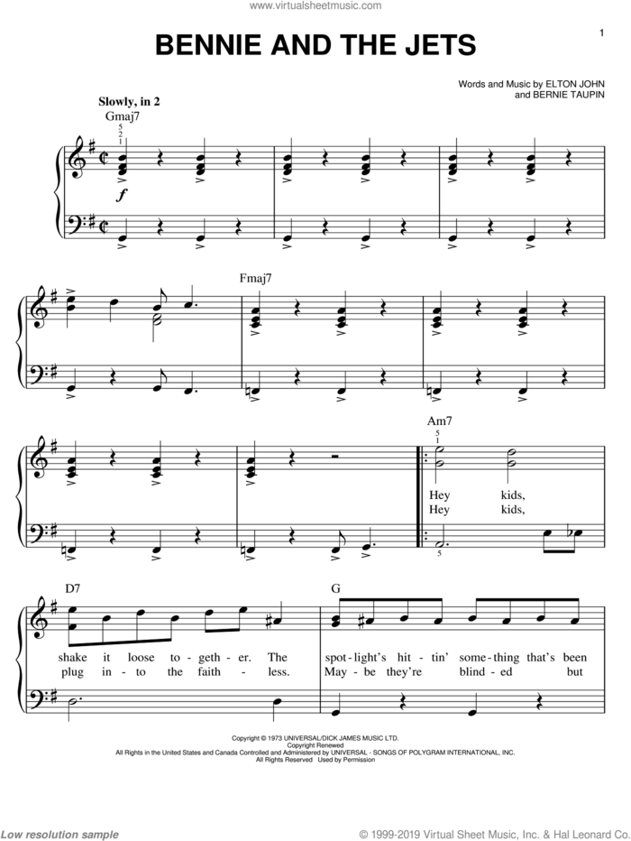 Bennie And The Jets, (easy) sheet music for piano solo by Elton John and Bernie Taupin, easy skill level