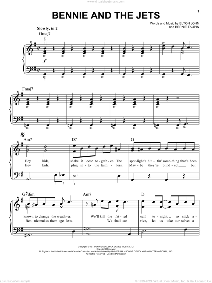 Bennie And The Jets, (easy) sheet music for piano solo by Elton John and Bernie Taupin, easy skill level