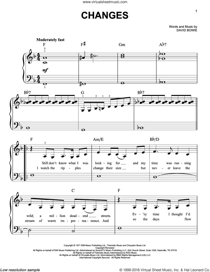 Changes, (beginner) sheet music for piano solo by David Bowie, beginner skill level