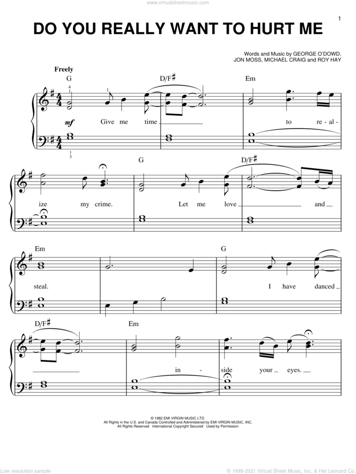 Do You Really Want To Hurt Me sheet music for piano solo by Culture Club, Jon Moss, Michael Craig and Roy Hay, easy skill level