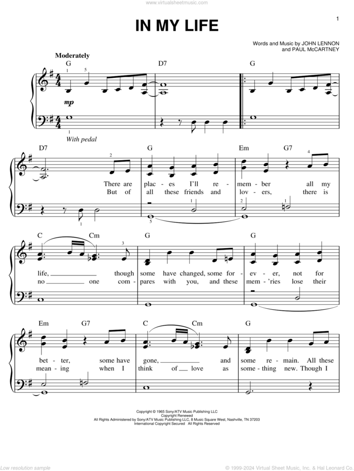 In My Life, (easy) sheet music for piano solo by The Beatles, John Lennon and Paul McCartney, wedding score, easy skill level