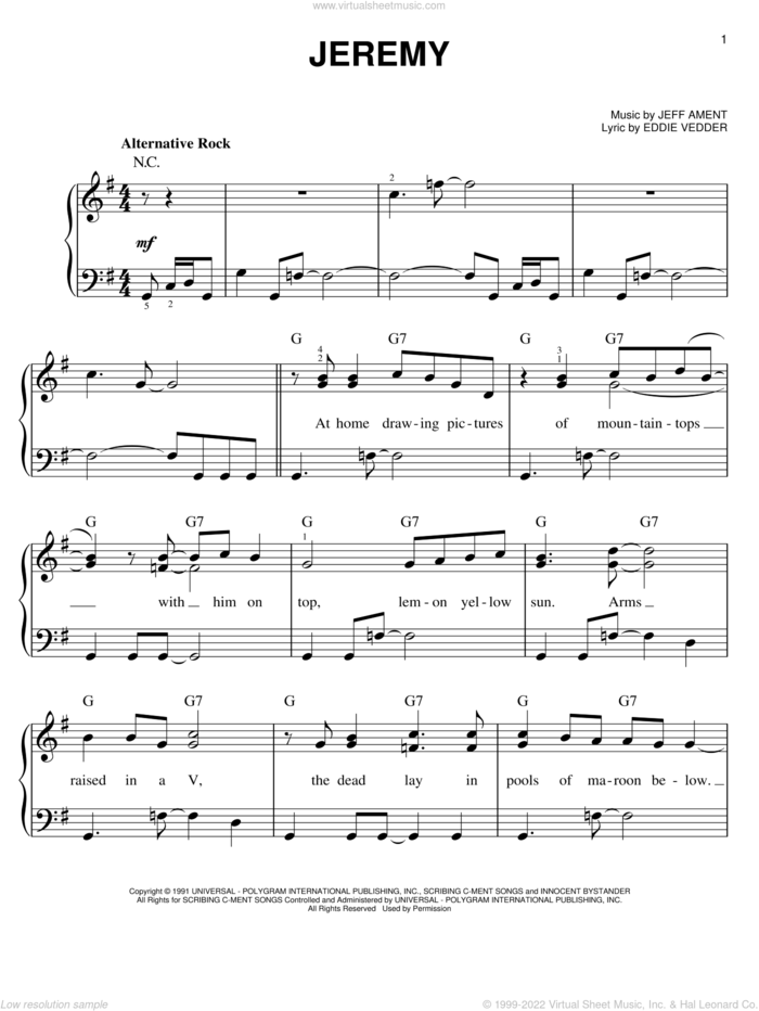 Jeremy sheet music for piano solo by Pearl Jam, Eddie Vedder and Jeff Ament, easy skill level