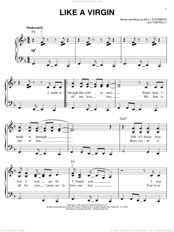 Like A Virgin sheet music for piano solo by Madonna, Billy Steinberg and Tom Kelly, easy skill level