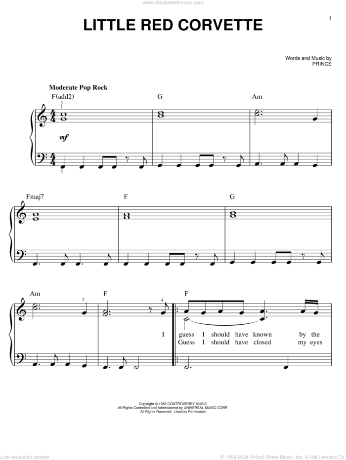 Little Red Corvette sheet music for piano solo by Prince, easy skill level