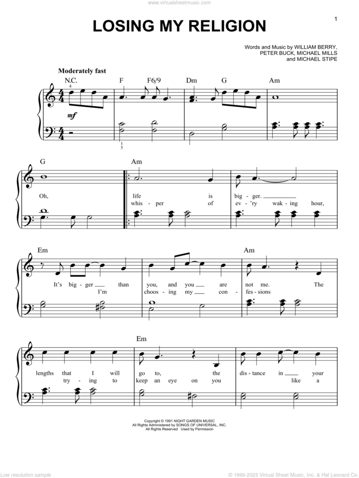 Losing My Religion sheet music for piano solo by R.E.M., Bill Berry, Michael Stipe, Mike Mills and Peter Buck, easy skill level