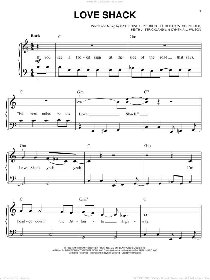 Love Shack sheet music for piano solo by The B-52's, Catherine E. Pierson, Cynthia L. Wilson, Frederuck W. Schneider and Keith Strickland, easy skill level