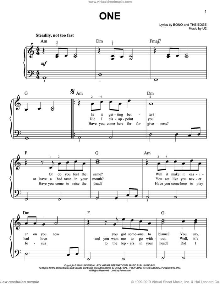 One, (easy) sheet music for piano solo by U2, Miscellaneous, Adam Clayton, Bono, David Evans, Laure Mullen Jr., Paul Hewson and The Edge, easy skill level