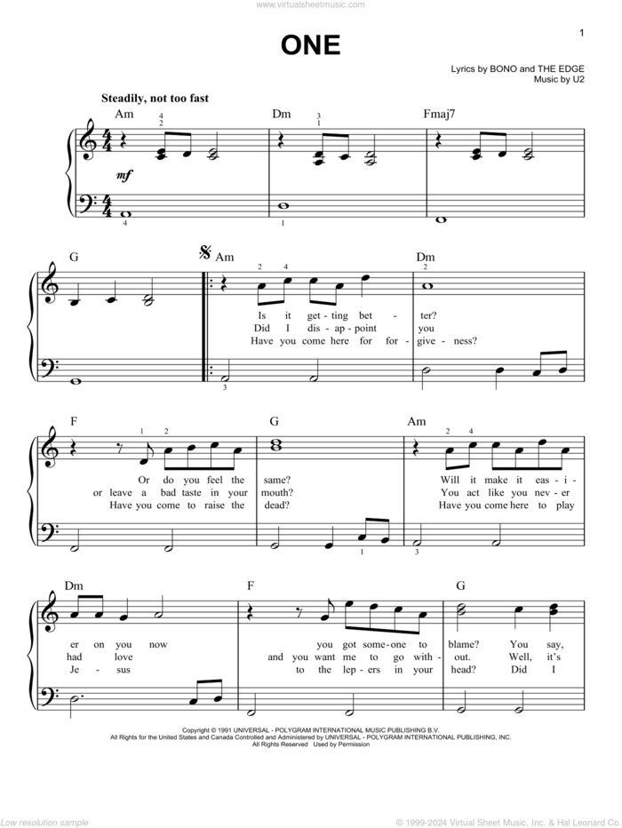 One, (easy) sheet music for piano solo by U2, Miscellaneous, Adam Clayton, Bono, David Evans, Laure Mullen Jr., Paul Hewson and The Edge, easy skill level