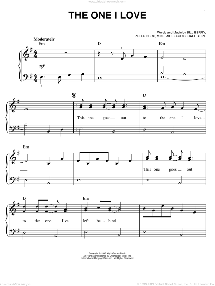 The One I Love sheet music for piano solo by R.E.M., Bill Berry, Michael Stipe, Mike Mills and Peter Buck, easy skill level