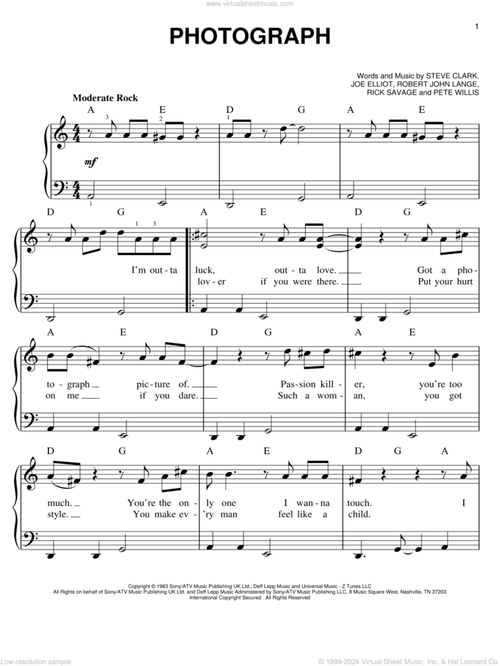 Photograph sheet music for piano solo by Def Leppard, Joe Elliott, Peter Willis, Richard Allen, Richard Savage, Robert John Lange and Steve Clark, easy skill level