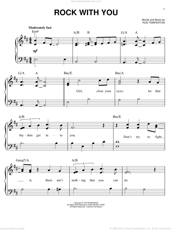 Rock With You sheet music for piano solo by Michael Jackson and Rod Temperton, easy skill level