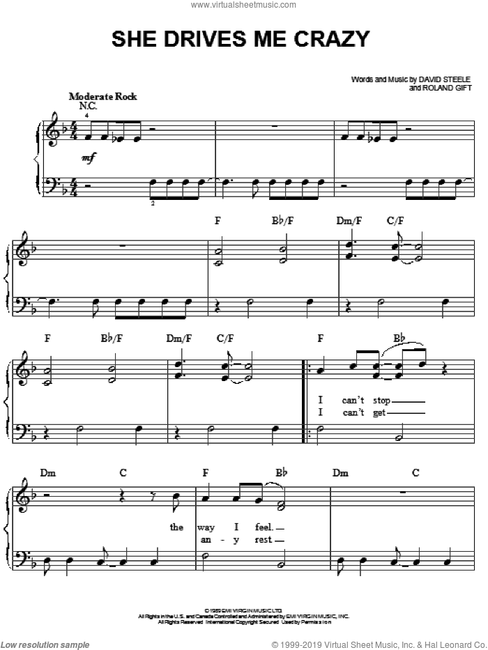 She Drives Me Crazy sheet music for piano solo by Fine Young Cannibals, David Steele and Roland Gift, easy skill level