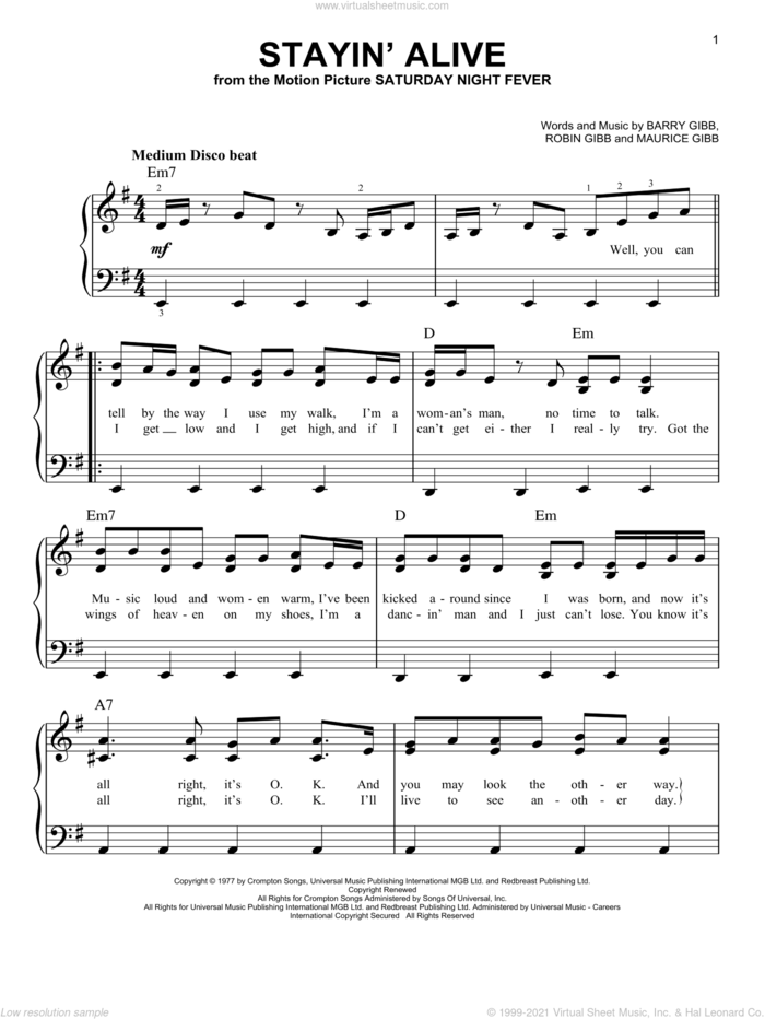 Stayin' Alive sheet music for piano solo by Bee Gees, Barry Gibb, Maurice Gibb and Robin Gibb, easy skill level
