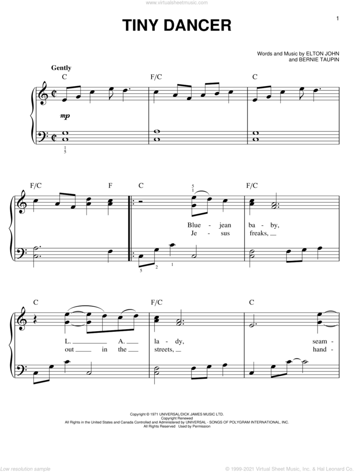 Tiny Dancer, (easy) sheet music for piano solo by Elton John and Bernie Taupin, easy skill level