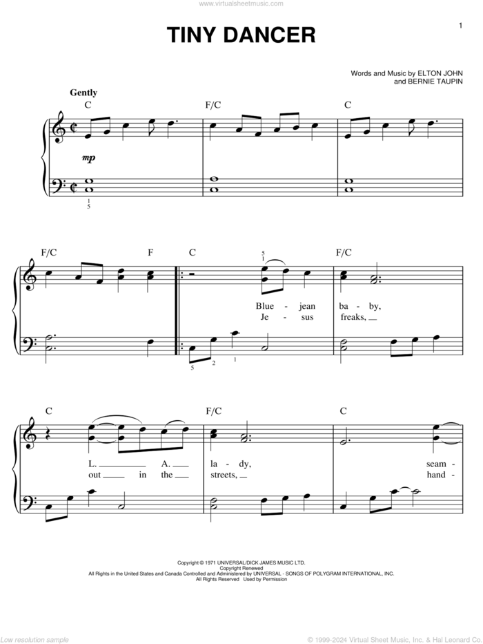 Tiny Dancer, (easy) sheet music for piano solo by Elton John and Bernie Taupin, easy skill level