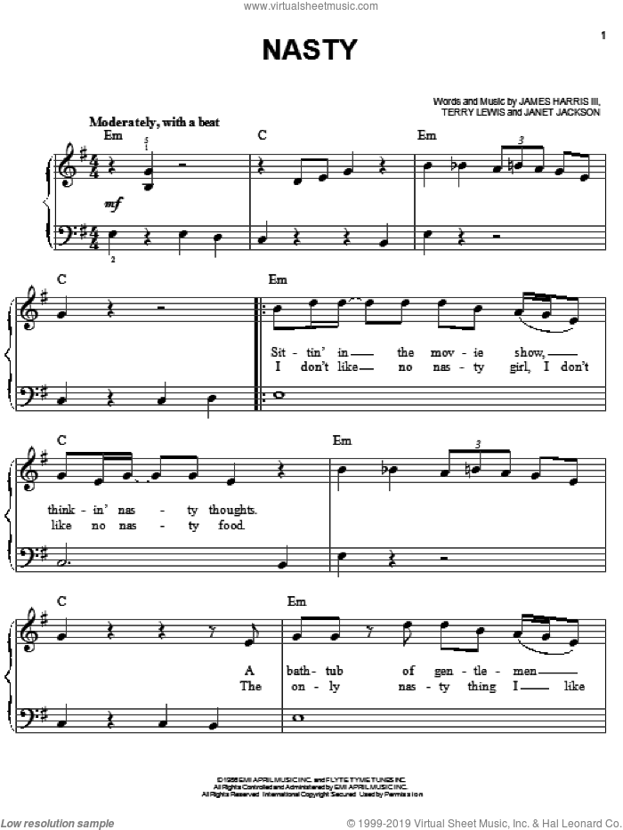 Nasty sheet music for piano solo by Janet Jackson, James Harris and Terry Lewis, easy skill level