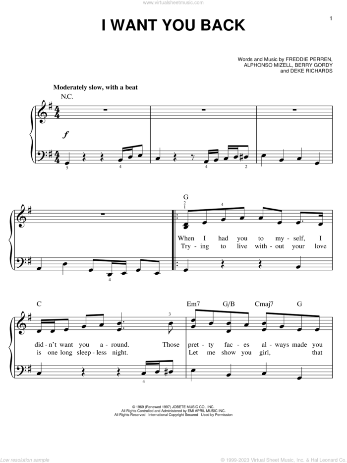 I Want You Back sheet music for piano solo by The Jackson 5, Michael Jackson, Alphonso Mizell, Berry Gordy, Deke Richards and Frederick Perren, easy skill level