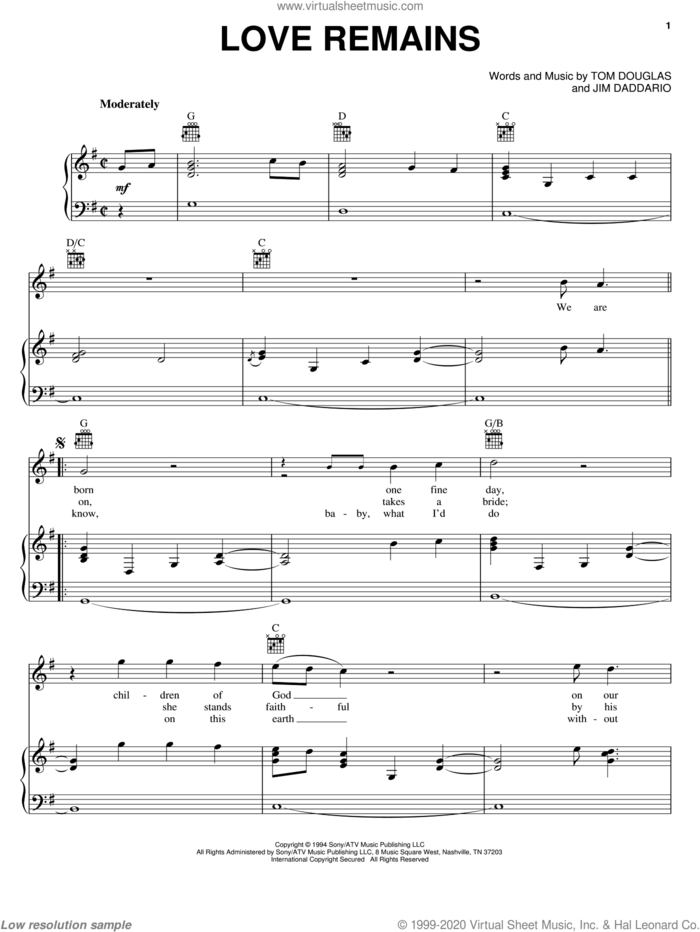 Love Remains sheet music for voice, piano or guitar by Collin Raye, Jim Daddario and Tom Douglas, wedding score, intermediate skill level