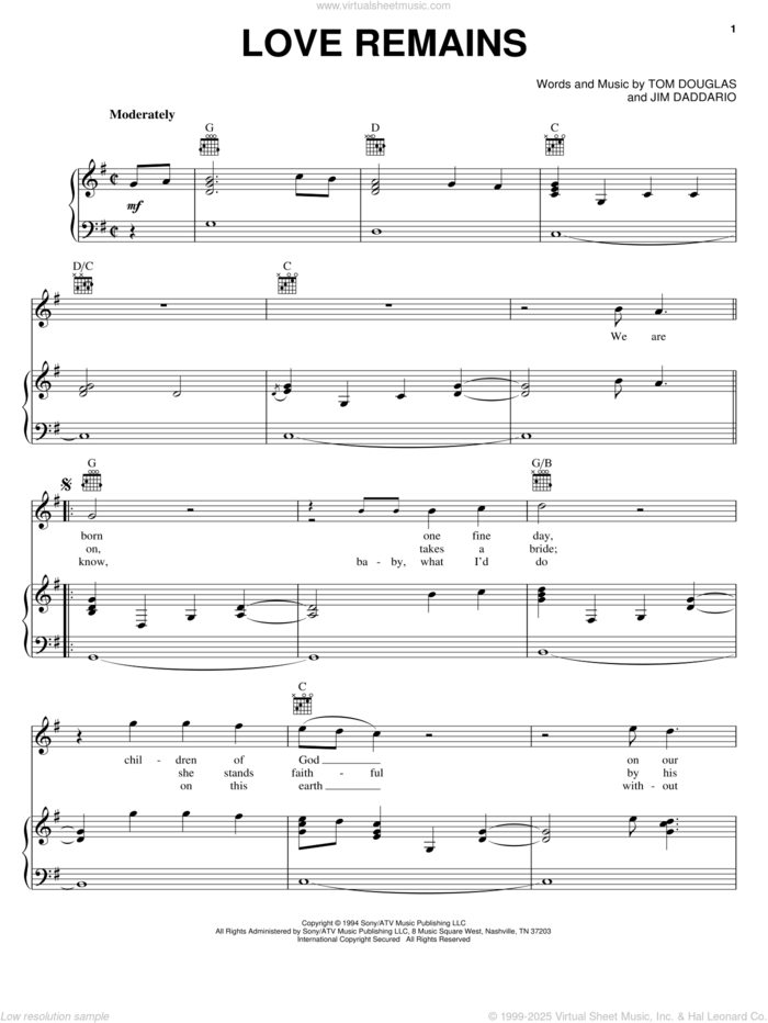 Love Remains sheet music for voice, piano or guitar by Collin Raye, Jim Daddario and Tom Douglas, wedding score, intermediate skill level