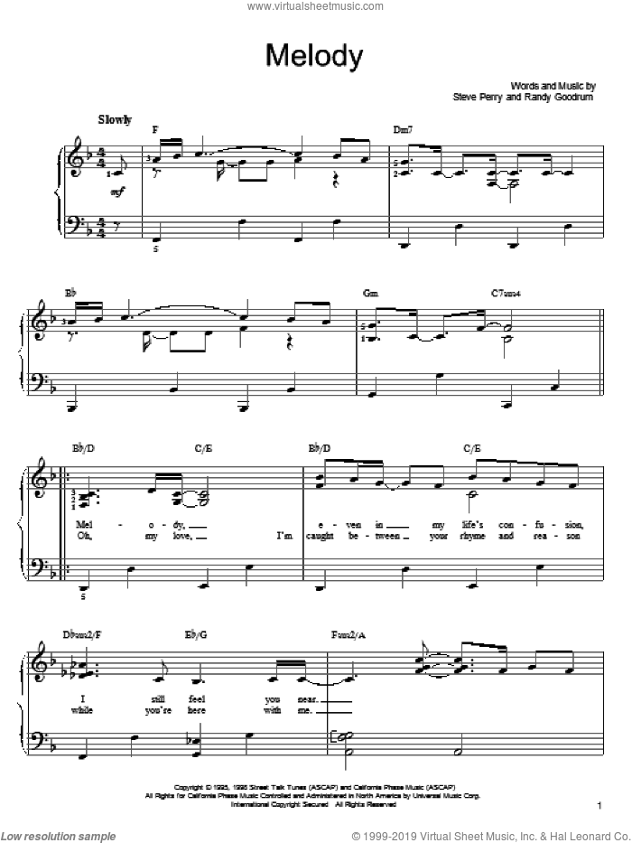 Melody sheet music for piano solo by Steve Perry and Randy Goodrum, easy skill level