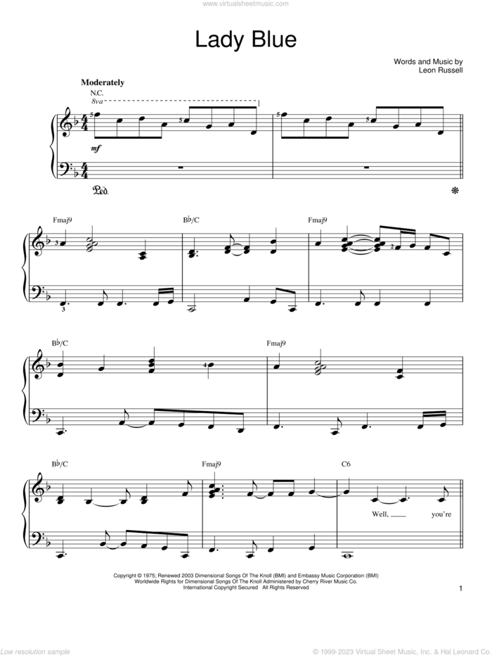 Lady Blue sheet music for piano solo by Leon Russell and George Benson, easy skill level